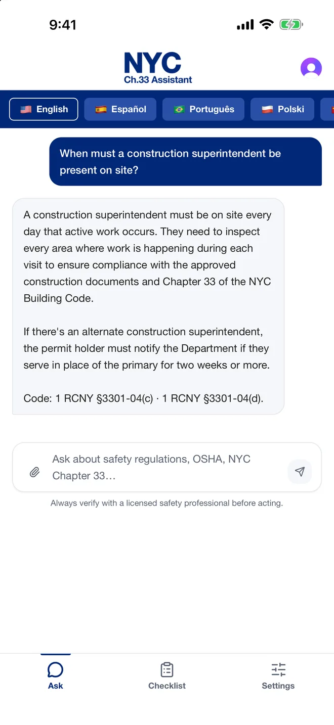 Chapter 33 Assistant answering a question about superintendent presence on site, with the code citation